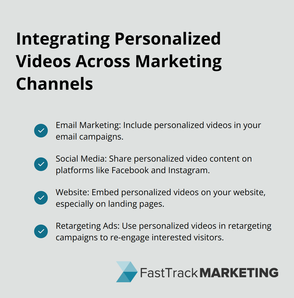 Checklist of four ways to integrate personalized videos: Email Marketing, Social Media, Website, and Retargeting Ads